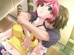  1girl breasts game_cg happoubi_jin hetero hug hug_from_behind huge_breasts ichijo_daisuke iihara_nao midriff pink_hair resort_boin short_hair 