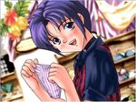  casual_romance_club choker holding_panties houkago_ren-ai_club purple_eyes purple_hair shimapan 
