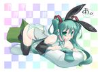  amasa_mitsunaru animal_ears aqua_eyes aqua_hair aqua_nails ass bare_shoulders black_legwear blush bunny_ears detached_sleeves fake_animal_ears hair_ornament hatsune_miku headset highres long_hair lying nail_polish necktie no_pants on_stomach panties pillow solo speaker spring_onion striped striped_panties themed_object thighhighs twintails underwear vocaloid 