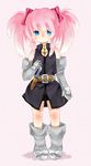  bad_id bad_pixiv_id belt blue_eyes boots bow dagger full_body gem gloves hair_ribbon highres hiiragi_aki knee_boots long_hair pink_hair presea_combatir ribbon sidelocks solo tales_of_(series) tales_of_symphonia twintails weapon 