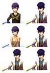  blue_hair blush concept_art gradient gradient_background hat lips looking_at_viewer megaten official_art parted_lips persona persona_4 reverse_trap school_uniform shadow_(persona) shirogane_naoto short_hair soejima_shigenori towel translation_request yellow_eyes 