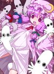  between_legs blush crescent crossover dress ghost hair_ribbon hat hattifattener highres kiira moomin open_mouth panties patchouli_knowledge pink_dress pink_panties purple_eyes purple_hair ribbon solo touhou underwear 