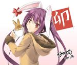  2011 animal animal_ears blush brown_eyes bunny bunny_ears chinese_zodiac cup hood hood_down hooded_jacket in_container in_cup jacket long_hair looking_back original purple_hair solo teacup twintails umino_tomo upper_body year_of_the_rabbit 