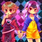  2boys alternate_costume bandana bandanna blush brown_hair ichinose_kazuya inazuma_eleven inazuma_eleven_(series) lll69 metron_(inazuma_eleven) multiple_boys mutou_satoshi no_pants purple_hair soccer_uniform sportswear 