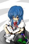  blue_hair book food fruit hat hat_removed headwear_removed hinanawi_tenshi long_hair nyangorumoa peach ribbon solo touhou 