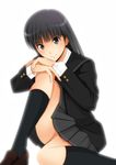  amagami ayatsuji_tsukasa black_eyes black_hair black_jacket blazer face jacket kibito_high_school_uniform kishida-shiki kneehighs long_hair long_sleeves pleated_skirt school_uniform skirt solo 