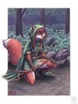  bow_(weapon) bow_and_arrow canine cloak diana female forest fox green_eyes hair hood kacey mammal ranged_weapon ranger red_hair scenery solo tree weapon wood 