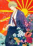  arm_out_of_sleeve bad_id bad_pixiv_id bellflower blonde_hair cherry_blossoms flower hanafuda ivan_karelin jacket japanese_clothes katana kikumon letterman_jacket male_focus peony_(flower) purple_eyes purple_jacket rising_sun shuriken solo sumishuu sunburst sword tiger_&amp;_bunny weapon 