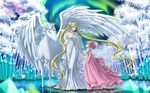  aqua_background back_bow bishoujo_senshi_sailor_moon blonde_hair bow chibi_usa choker crystal double_bun dress full_body gown hair_ornament hairpin helios_(sailor_moon) holding_hands horn horse jewelry long_hair mother_and_daughter multiple_girls necklace neo_queen_serenity pegasus pegasus_(sailor_moon) pink_bow pink_dress pink_hair princess ribbon shainea short_hair small_lady_serenity smile strapless strapless_dress tsukino_usagi twintails water white_dress wings 