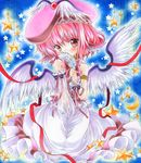  alternate_costume animal_ears asymmetrical_clothes bad_id bad_pixiv_id bare_shoulders between_legs blush color_ink_(medium) covering_mouth crescent detached_sleeves dress feathers hand_between_legs hat looking_at_viewer marker_(medium) mystia_lorelei pink_eyes pink_hair ribbon see-through seidou_(tukinomiyako) short_hair sitting solo star touhou traditional_media wings 