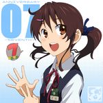  aoi_sora_(pairan) bad_id bad_pixiv_id blush brown_eyes brown_hair face gesture hair_ornament hairclip hand_gesture hands open_hand open_mouth original pairan round_teeth smile solo teeth twintails v 