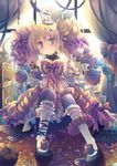  bad_id bad_pixiv_id blonde_hair bow breasts canele choker crown drill_hair food_themed_clothes gem hair_bow long_hair medium_breasts original personification purple_eyes solo striped striped_legwear thighhighs vertical-striped_legwear vertical_stripes window yamadori_yoshitomo 