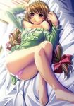  bare_shoulders barefoot bed brown_hair cameltoe dutch_angle feet hair_ribbon ino ishikura_yumi legs long_hair lying nisekyouso open_mouth oshiri pantsu pink_panties purple_eyes ribbon solo sweat tagme thighs 