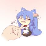  animal_ears black_dress blue_hair blush cat_ears cat_tail chibi chin_tickle closed_eyes dress fang food fruit hair_ornament hazuki_ruu hinanawi_tenshi kemonomimi_mode long_hair minigirl multicolored multicolored_clothes multicolored_dress no_hat no_headwear open_mouth peach solo_focus tail touhou wavy_mouth white_dress 