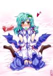  absurdres black_legwear blush condom condom_in_mouth detached_sleeves empty_eyes face frog green_hair hair_ornament highres kochiya_sanae mouth_hold pantyhose solo takana_shinno tissue tissue_box touhou yellow_eyes 