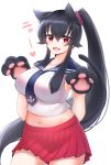  1girl absurdres animal_ears artist_request belly black_hair blush breasts cat_ears curvy fang gloves hair_between_eyes heart highres kantai_collection large_breasts long_hair long_ponytail looking_at_viewer midriff navel necktie open_mouth paw_gloves paws pleated_skirt ponytail red_eyes red_skirt school_uniform serafuku skirt sleeveless solo standing tail thick_thighs thighs very_long_hair yahagi_(kantai_collection) 