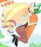  animal_ears ass backless_outfit bare_back bare_shoulders big_hair blonde_hair bunny_ears bunny_girl bunny_tail bunnysuit carrot drill_hair fishnet_pantyhose fishnets haruno_shuu high_heels long_hair looking_back pantyhose rockman ryuusei_no_rockman shirogane_luna shoes solo tail twintails very_long_hair wrist_cuffs 