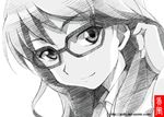  glasses gofu greyscale hair_flip kiss_dum light_smile long_hair monochrome rukina_yuno sketch solo spot_color traditional_media 