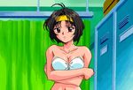 animated_gif black_hair bra_remove brown_hair clavicle covering headband indoors lockers navel nipples oppai red_eyes tagme topless undressing 