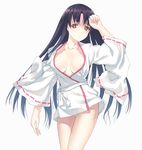  bad_id bad_pixiv_id black_hair breasts brown_eyes cleavage highres japanese_clothes joeian long_hair medium_breasts miko original simple_background solo thighs 