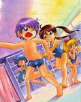  3girls bad_id bad_pixiv_id barefoot blonde_hair blush brown_eyes brown_hair bulge closed_eyes fang femdom green_eyes grin hoshino_fuuta long_hair male_swimwear multiple_girls one-piece_swimsuit original ponytail pulled_by_another purple_eyes purple_hair school_swimsuit short_hair shorts shorts_pull smile swim_trunks swimsuit swimwear tongue twintails 