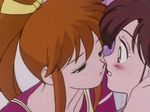  2girls animated animated_gif bangs bishoujo_senshi_sailor_moon bishoujo_senshi_sailor_moon_s blush bow brown_hair cap empty_eyes furuhata_unazuki gif green_eyes hair_bow hairbow kino_makoto kiss long_hair lowres multiple_girls open_mouth ponytail red_hair sailor_jupiter screencap shoujo_ai subtext yuri 