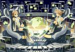  1girl blonde_hair brother_and_sister globe highres hologram holographic_monitor kagamine_len kagamine_len_(append) kagamine_rin kagamine_rin_(append) short_hair siblings sitting suya000 twins vocaloid vocaloid_append 
