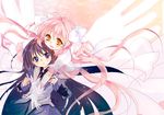  akemi_homura black_hair gloves hug kaname_madoka long_hair mahou_shoujo_madoka_magica malino_(dream_maker) multiple_girls orange_eyes pink_hair purple_eyes transparent ultimate_madoka wings 