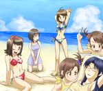  amami_haruka awakened_miki beach bikini breasts cleavage crab day futami_ami futami_mami hagiwara_yukiho hoshii_miki idolmaster idolmaster_(classic) idolmaster_1 kisaragi_chihaya medium_breasts multiple_girls one_eye_closed outdoors rison side-tie_bikini side_ponytail small_breasts swimsuit 