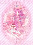  bow cake covering_mouth doily dress food fork frills gathers hair_bow highres lace lace_border neme pantyhose patchouli_knowledge pink plate print_legwear sitting solo striped striped_background touhou 