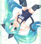  animal_ears cat_ears green_eyes green_hair hatsune_miku long_hair one-piece_swimsuit paw_pose school_swimsuit solo swimsuit tail tears thighhighs twintails upside-down vocaloid y_ojisan 