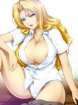  areolae between_breasts bleach blonde_hair blue_eyes breasts cleavage hairu huge_breasts jewelry lips long_hair looking_at_viewer matsumoto_rangiku mole mole_under_mouth necklace nipple_slip nipples open_clothes open_mouth open_shirt panties school_uniform shirt skirt skirt_around_one_leg solo underwear white_panties 