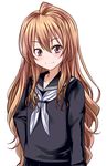  aisaka_taiga black_serafuku blush brown_eyes brown_hair flo light_brown_hair long_hair school_uniform serafuku simple_background smile solo toradora! very_long_hair 