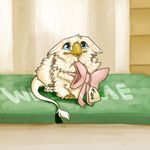  beak blue_eyes bow chibi cute english_text feral gift gryphon hoot hoot_(character) non-anthro ribbons solo text 