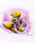  arm_gloves blush canine chest_tuft chibi child claws crying cute digimon elbow_gloves eyes_closed fox gloves markings open_mouth paws renamon simple_background sitting yellow zummeng 