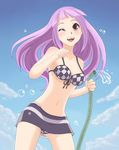  amino_(peperonn) bad_id bad_pixiv_id bikini blush breasts checkered cleavage cloud day elisa_(rune_factory) front-tie_top hose long_hair medium_breasts midriff miniskirt navel one_eye_closed purple_eyes purple_hair rune_factory rune_factory_3 skirt sky solo swimsuit 