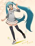  aqua_eyes aqua_hair bad_id bad_pixiv_id bespectacled casual glasses hatsune_miku headphones hinami_(ryuusei_potechi) long_hair osanpo_style_(module) print_legwear project_diva_(series) project_diva_2nd skirt solo star star_print sweatshirt thighhighs twintails very_long_hair vocaloid 