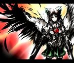  acryl alternate_weapon arm_cannon bad_id bad_pixiv_id black_hair bow brown_hair cape dress dual_wielding hair_bow highres holding letterboxed long_hair red_eyes reiuji_utsuho solo thighhighs touhou very_long_hair weapon wings 