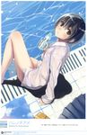  1girl absurdres bare_legs barefoot black_hair blush bottle bra brown_eyes drain_(object) dress_shirt feet_in_water from_above hareno_chiame highres lingerie looking_up no_pants open_clothes open_shirt original panties pleated_skirt pool poolside ramune reflection ringed_eyes shirt short_hair sitting skirt skirt_removed soaking_feet solo striped striped_panties underwear water wet wet_clothes wet_shirt 