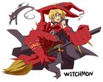  arai_nobu belt black_cat blonde_hair broom broom_riding cape cat digimon facial_mark hat open_mouth oversized_limbs pointy_ears short_hair sidesaddle solo tattoo text_focus witch_hat witchmon 