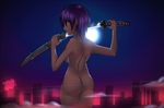  back green_eyes katana moon night nitrotitan nude purple_hair scars solo 