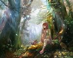 bad_id bad_pixiv_id bare_legs bare_shoulders brown_hair bug bunny butterfly crop_top day flower forest insect log nature open_mouth original sae_(revirth) sandals scenery shadow short_hair sitting skirt smile solo squirrel tree tree_shade 