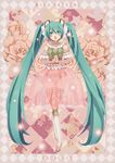  aqua_eyes aqua_hair flower frills hatsune_miku hira_taira long_hair music open_mouth pink_flower pink_rose rose see-through singing solo thighhighs twintails very_long_hair vocaloid 