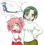  face glasses green_hair haganemaru_kennosuke izumi_konata kobayakawa_yutaka lucky_star multiple_girls narumi_yui oekaki pink_hair pink_neckwear ryouou_school_uniform school_uniform serafuku short_hair turtleneck 