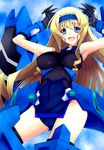 :d armpits arms_up bangs blonde_hair blue_eyes blue_hairband blue_leotard blue_tears_(infinite_stratos) breasts cameltoe cecilia_alcott claws cloud colored_eyelashes covered_navel covered_nipples cowboy_shot day drill_hair faulds frills from_below gauntlets greaves hairband happy impossible_clothes impossible_leotard infinite_stratos kannagi_kaname large_breasts leotard lolita_hairband long_hair looking_at_viewer mecha_musume open_mouth outdoors pelvic_curtain pilot_suit sidelocks skin_tight sky smile solo thighhighs vambraces very_long_hair 