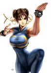  abs arm_up bangs bracelet breasts brown_eyes brown_hair chun-li crop_top double_bun double_vertical_stripe fighting_stance foreshortening hair_between_eyes hair_ribbon hands huge_breasts jewelry leg_lift lips looking_away muscle narrow_waist official_art omar_dogan ribbon shirt simple_background skin_tight sleeveless solo spread_legs standing standing_on_one_leg street_fighter striped taut_clothes taut_shirt thick_thighs thighs turtleneck udon_entertainment unitard white_background wide_hips 
