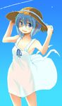  blue_eyes blue_hair casual dress flower hair_ornament hairpin hat highres mahou_shoujo_madoka_magica miki_sayaka pikachi smile solo straw_hat sundress sunflower 