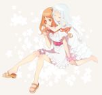  alternate_hairstyle anjou_naruko ano_hi_mita_hana_no_namae_wo_bokutachi_wa_mada_shiranai. bad_id bad_pixiv_id barefoot brown_eyes closed_eyes dress feet honma_meiko hug hug_from_behind kai28 long_hair multiple_girls sandals white_hair 