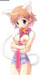  animal_ears bell bottomless breasts cat_ears jingle_bell large_breasts no_panties ribbon short_hair solo tail tongue topless 