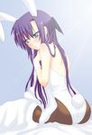  animal_ears aqua_eyes ass back bed bed_sheet blush bunny_ears bunny_tail bunnysuit ginga_nakajima hair_ribbon long_hair lyrical_nanoha mahou_shoujo_lyrical_nanoha_strikers pantyhose purple_hair ribbon saki_chisuzu sitting solo tail 